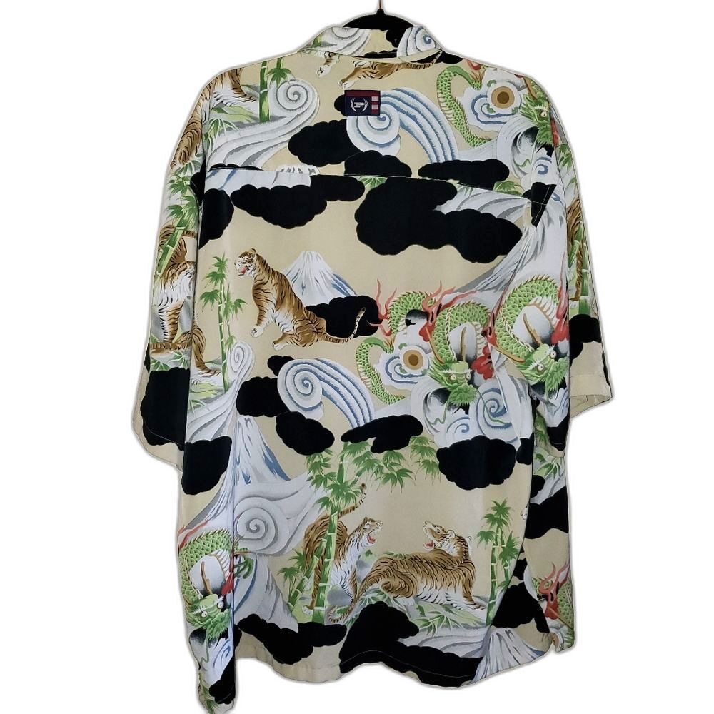 Vintage Y2K Phat Farm Shirt Tan Button Up All Over Print Tiger Dragon Mens XL